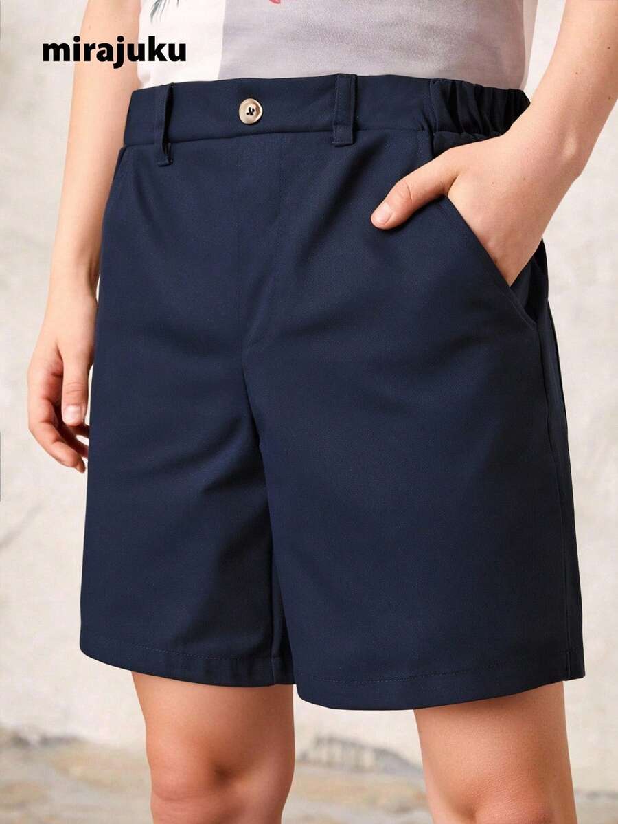 SHEIN Coolqubz Tween Boys' Solid Color Casual Shorts - Navy Blue - View 1