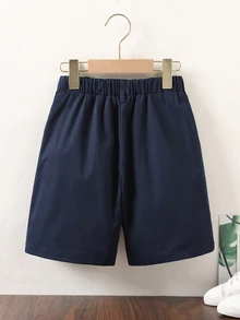 SHEIN Coolqubz Tween Boys' Solid Color Casual Shorts - Navy Blue - View 2