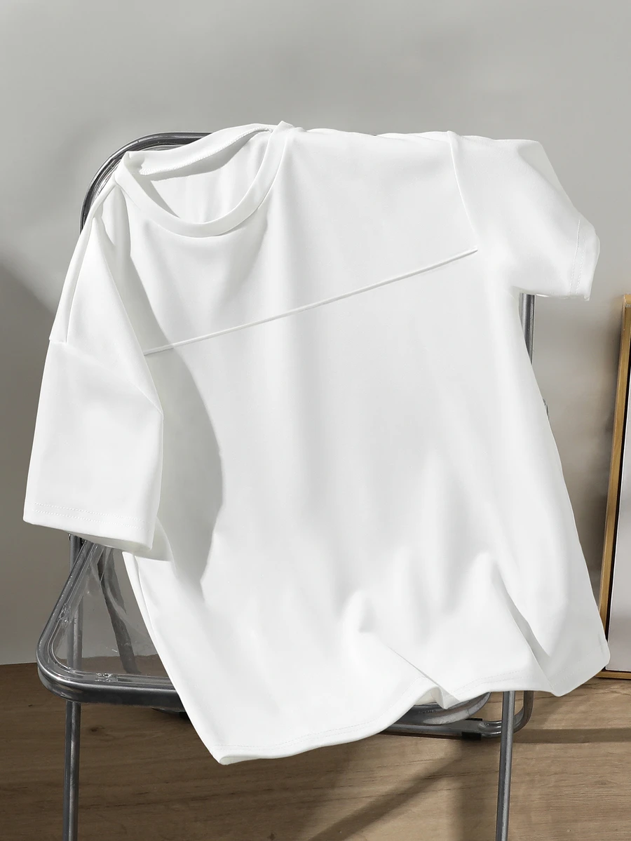 Mirajuku 1pc Casual Minimalist Crew Neck T-Shirt For Teenage Boys, Featuring Decorative Toothpick Pleats, Comfortable Fabric Suitable For Summer And Autumn - White - View 1