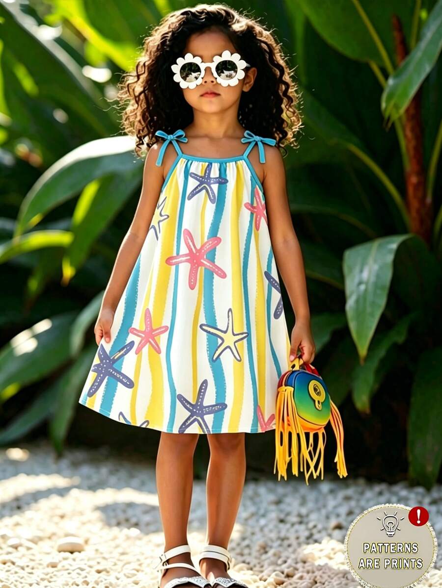 SHEIN Elladie kids 少女度假风可爱清新彩色海星、波浪、蝴蝶结装饰吊带裙，A字柔软连衣裙，充满夏日活力和童真，适合外出和暑假穿着