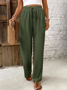 SHEIN Frenchy Women's Casual Solid Color Pants - Army Green - View 4