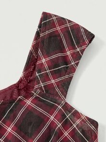 SHEIN MOD Bow Tie Ribbon Decor Asymmetric Hem Contrast Ruffle Trim Low Neck Women Tank Top Back-To-School School Brown Plaid Summer Retro Vintage 70s Preppy - Red - View 5