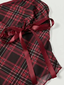SHEIN MOD Bow Tie Ribbon Decor Asymmetric Hem Contrast Ruffle Trim Low Neck Women Tank Top Back-To-School School Brown Plaid Summer Retro Vintage 70s Preppy - Red - View 4