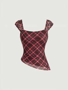 SHEIN MOD Bow Tie Ribbon Decor Asymmetric Hem Contrast Ruffle Trim Low Neck Women Tank Top Back-To-School School Brown Plaid Summer Retro Vintage 70s Preppy - Red - View 3