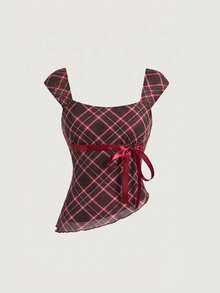 SHEIN MOD Bow Tie Ribbon Decor Asymmetric Hem Contrast Ruffle Trim Low Neck Women Tank Top Back-To-School School Brown Plaid Summer Retro Vintage 70s Preppy - Red - View 6