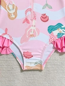 1pc Girls' One-Piece Swimsuit,Holiday Mermaid Cartoon Long Sleeve Rash Guard,Baby Girl Bamboo Fiber Zipper Romper,Sun Protection Swimwear 3-6 Months - Pink - View 6