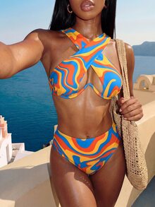 SHEIN Swim 彩色波浪印花十字交叉鋼圈文胸和高腰下裝2入組泳衣 - 彩色 - 查看 4