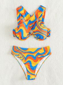 SHEIN Swim 彩色波浪印花十字交叉鋼圈文胸和高腰下裝2入組泳衣 - 彩色 - 查看 6
