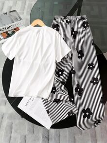 Tween Girls 2pcs/Set Short Sleeve Round Neck White T-Shirt + Casual Striped Straight Pants Comfortable, Summer, Outfit, Daily - Black - View 3