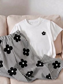 Tween Girls 2pcs/Set Short Sleeve Round Neck White T-Shirt + Casual Striped Straight Pants Comfortable, Summer, Outfit, Daily - Black - View 2