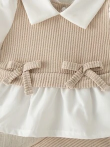 SHEIN 2pcs/Set Newborn Baby Girls Casual Outfit, Collared Patchwork Top And Loose Knit Pants Set, Simple And Fashionable Autumn Fall - Apricot - View 6
