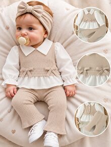 SHEIN 2pcs/Set Newborn Baby Girls Casual Outfit, Collared Patchwork Top And Loose Knit Pants Set, Simple And Fashionable Autumn Fall - Apricot - View 2