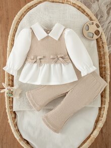 SHEIN 2pcs/Set Newborn Baby Girls Casual Outfit, Collared Patchwork Top And Loose Knit Pants Set, Simple And Fashionable Autumn Fall - Apricot - View 4