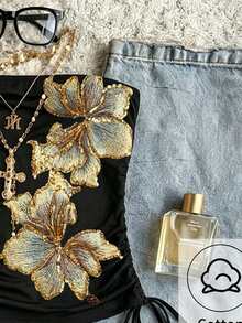 SHEIN EZwear 2026 Y2K 女款復古花卉刺繡無袖細肩帶背心，黑色與金色，夏季 70 年代風格，夜店派對，棉混紡抽繩前綁帶短版上衣 - 彩色 - 查看 4