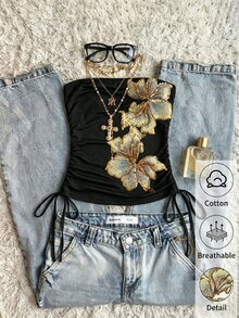 SHEIN EZwear 2026 Y2K 女款復古花卉刺繡無袖細肩帶背心，黑色與金色，夏季 70 年代風格，夜店派對，棉混紡抽繩前綁帶短版上衣 - 彩色 - 查看 1