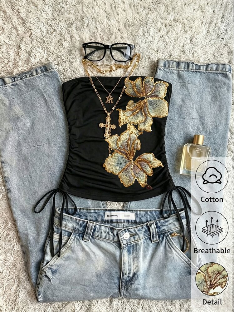 SHEIN EZwear 2026 Y2K Women's Vintage Floral Embroidered Sleeveless Camisole,Black And Gold,Summer,70s,Club,Party,Cotton Blend Drawstring Tie Front Cropped Top - Multicolor - View 1