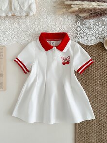 SHEIN 1件女嬰紅色與白色休閒可愛洋裝，羅紋領口袖口，適合休閒穿著、外出、運動、派對、家庭拍照，夏季款 - 紅色 - 查看 6