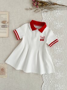 SHEIN 1件女嬰紅色與白色休閒可愛洋裝，羅紋領口袖口，適合休閒穿著、外出、運動、派對、家庭拍照，夏季款 - 紅色 - 查看 4