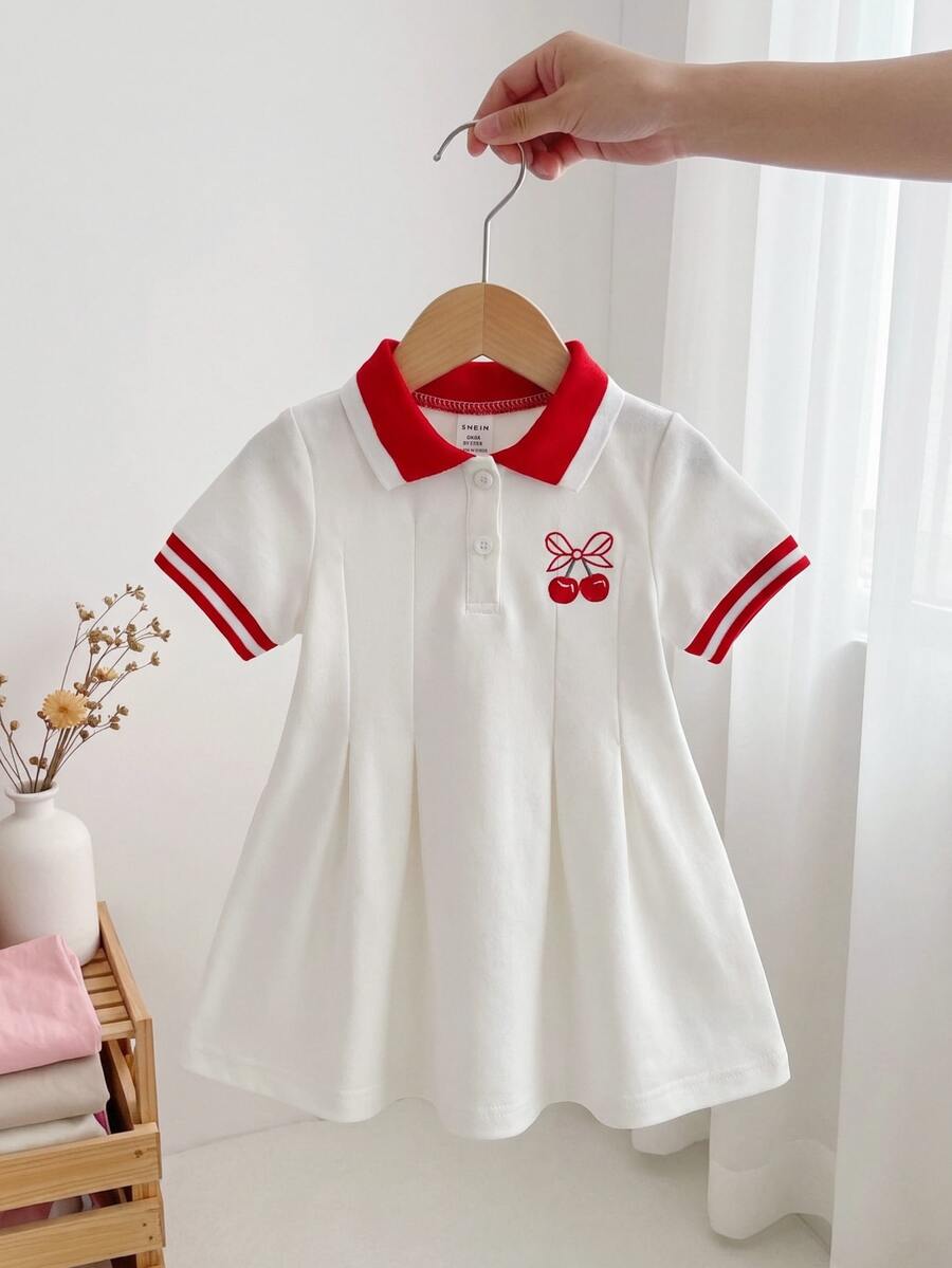 SHEIN 1件女嬰紅色與白色休閒可愛洋裝，羅紋領口袖口，適合休閒穿著、外出、運動、派對、家庭拍照，夏季款 - 紅色 - 查看 1