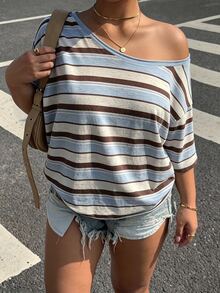 Muchica Plus Size Women Blue Striped Contrast Color Off-Shoulder Casual T-Shirt City Break Summer - Multicolor - View 3