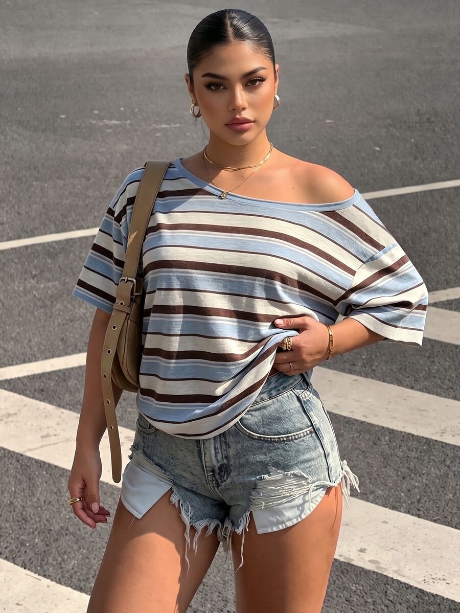 Muchica Plus Size Women Blue Striped Contrast Color Off-Shoulder Casual T-Shirt City Break Summer - Multicolor - View 1