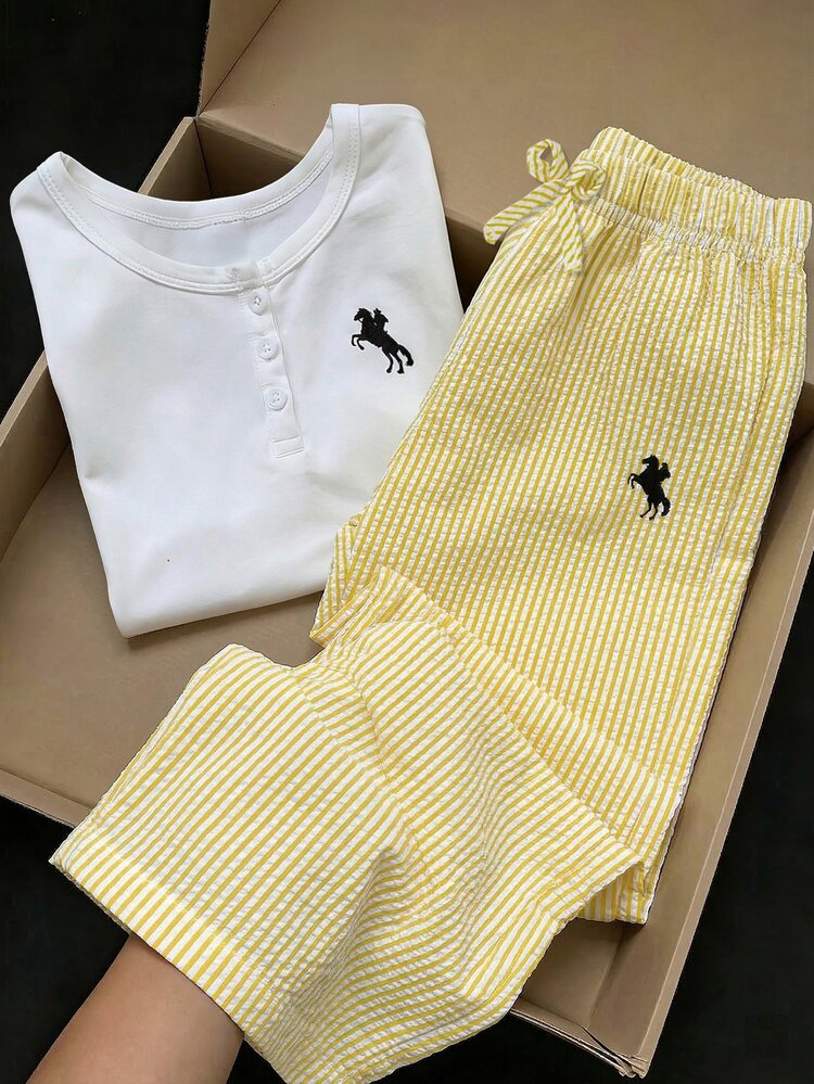 SHEIN Elladie kids 2pcs/Set Young Girls Summer School Back-To-School Outfits, Horse Print Round Neck Short Sleeve T-Shirt & Yellow Striped Straight Leg Pants, Old Money - Yellow - View 1