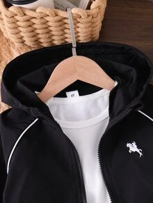 SHEIN 1件小男孩休閒簡約街頭風連帽長袖外套，時尚休閒設計，職業日穿搭，適合4-7歲男孩，運動，秋季 - 黑色 - 查看 3