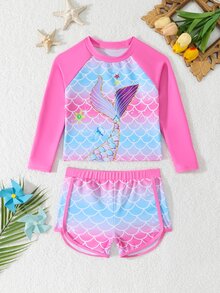Young Girls Mermaid Print Tankini Set, Watermelon Ombre Gradient Scales Pattern, Sleeves, Shorts, Swimming, Summer Vacation, Beach - Multicolor - View 2