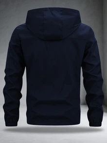 Manfinity Homme Men Light Grey Fabric Hooded Long Sleeve Outdoor Jacket For Sports And Outdoor Activities,Tech Wear Jacket, Fall - Navy Blue - View 5
