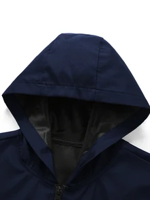 Manfinity Homme Men Light Grey Fabric Hooded Long Sleeve Outdoor Jacket For Sports And Outdoor Activities,Tech Wear Jacket, Fall - Navy Blue - View 6