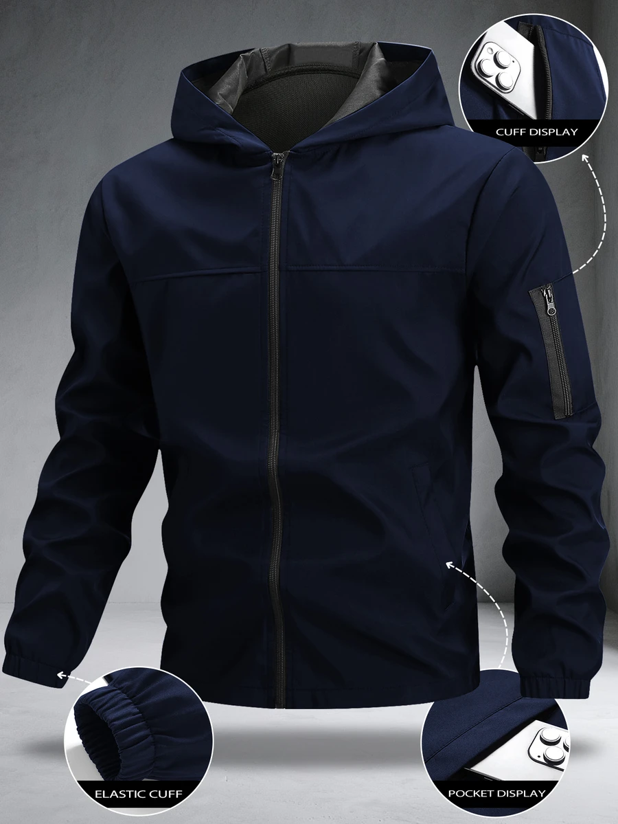Manfinity Homme Men Light Grey Fabric Hooded Long Sleeve Outdoor Jacket For Sports And Outdoor Activities,Tech Wear Jacket, Fall - Navy Blue - View 1