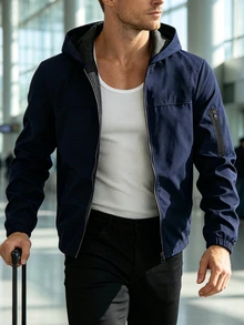 Manfinity Homme Men Light Grey Fabric Hooded Long Sleeve Outdoor Jacket For Sports And Outdoor Activities,Tech Wear Jacket, Fall - Navy Blue - View 3