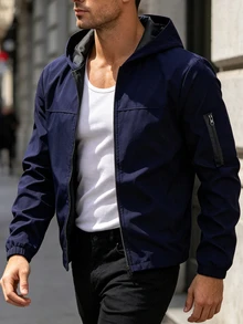 Manfinity Homme Men Light Grey Fabric Hooded Long Sleeve Outdoor Jacket For Sports And Outdoor Activities,Tech Wear Jacket, Fall - Navy Blue - View 2