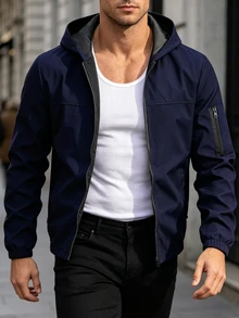 Manfinity Homme Men Light Grey Fabric Hooded Long Sleeve Outdoor Jacket For Sports And Outdoor Activities,Tech Wear Jacket, Fall - Navy Blue - View 4