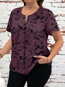 SHEIN Clasi Plus Size Elegant Floral Print Shirt, Summer - Red Violet - View 5