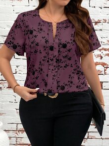 SHEIN Clasi Plus Size Elegant Floral Print Shirt, Summer - Red Violet - View 1