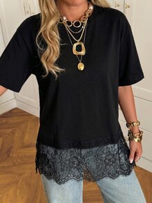 SHEIN EZwear 女士休闲百搭撞色蕾丝短袖黑色针织T恤，夏季 - 黑色 - 查看 9