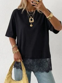 SHEIN EZwear 女士休闲百搭撞色蕾丝短袖黑色针织T恤，夏季 - 黑色 - 查看 5