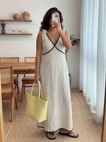 Enliva 大尺碼女款無袖拼色中長洋裝，優雅職場洋裝，秋季穿搭，度假婚禮賓客裝，黑色 - 杏色 - 查看 6