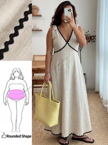 Enliva 大尺碼女款無袖拼色中長洋裝，優雅職場洋裝，秋季穿搭，度假婚禮賓客裝，黑色 - 杏色 - 查看 1
