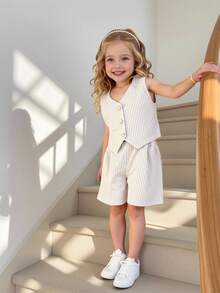 SHEIN 2-Piece Girls' Outfit:Apricot Striped Sleeveless Top,Button-Front Vest & Shorts Set For Summer Formal Event Back-To-School Clothes Girls Outfit Sets - Apricot - View 2