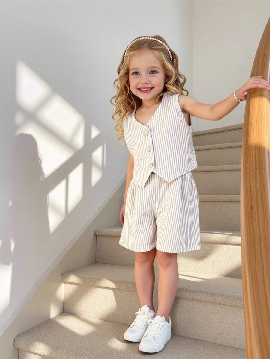 SHEIN 2-Piece Girls' Outfit:Apricot Striped Sleeveless Top,Button-Front Vest & Shorts Set For Summer Formal Event Back-To-School Clothes Girls Outfit Sets