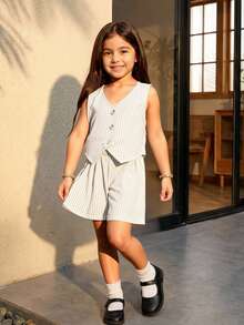 SHEIN 2-Piece Girls' Outfit:Apricot Striped Sleeveless Top,Button-Front Vest & Shorts Set For Summer Formal Event Back-To-School Clothes Girls Outfit Sets - Apricot - View 10