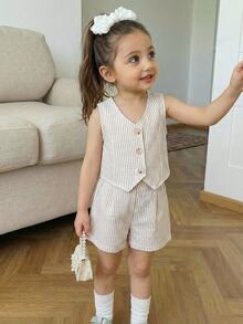 SHEIN 2-Piece Girls' Outfit:Apricot Striped Sleeveless Top,Button-Front Vest & Shorts Set For Summer Formal Event Back-To-School Clothes Girls Outfit Sets - Apricot - View 3