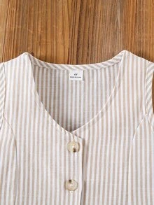 SHEIN 2-Piece Girls' Outfit:Apricot Striped Sleeveless Top,Button-Front Vest & Shorts Set For Summer Formal Event Back-To-School Clothes Girls Outfit Sets - Apricot - View 8