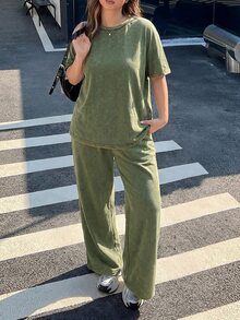 Muchica 大尺碼春夏磨損酸洗軍綠色T恤+寬腿褲2件組棉質套裝，適合度假、辦公、正式、居家休閒、優雅穿搭 - 軍綠色 - 查看 5
