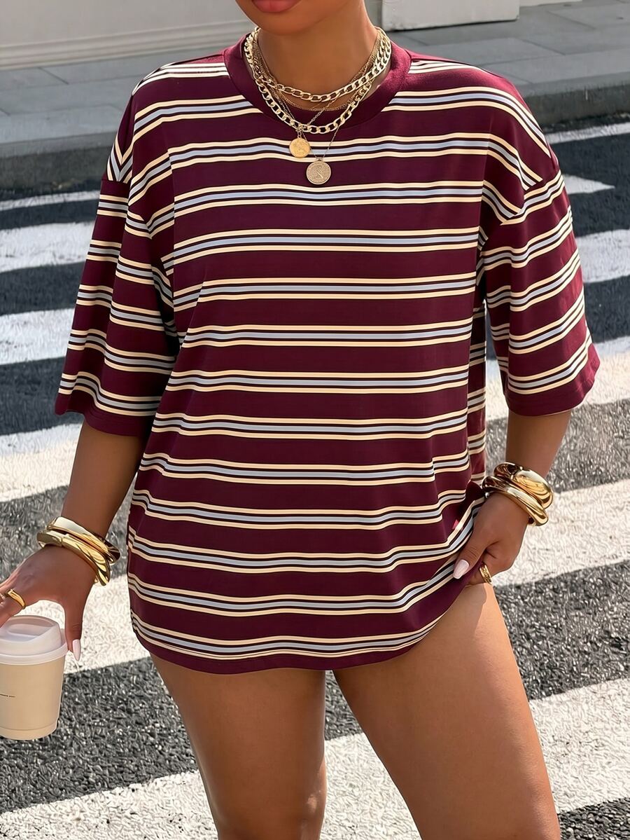 Muchica Plus Size Summer Casual Whimsical Light Yellow Striped Round Neck Drop Shoulder Short Sleeve T-Shirt Back-To-School Bussines - Red - View 1