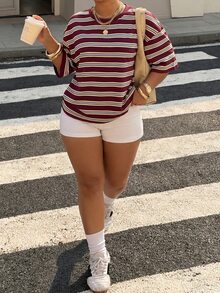Muchica Plus Size Summer Casual Whimsical Light Yellow Striped Round Neck Drop Shoulder Short Sleeve T-Shirt Back-To-School Bussines - Red - View 5