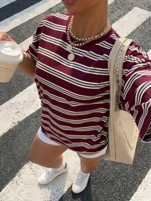 Muchica Plus Size Summer Casual Whimsical Light Yellow Striped Round Neck Drop Shoulder Short Sleeve T-Shirt Back-To-School Bussines - Red - View 4
