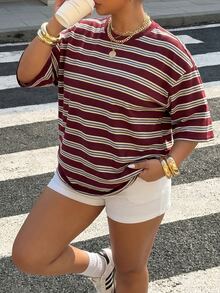 Muchica Plus Size Summer Casual Whimsical Light Yellow Striped Round Neck Drop Shoulder Short Sleeve T-Shirt Back-To-School Bussines - Red - View 6